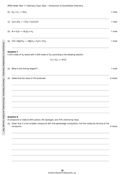 Chemistry Topic Tests page by ATAR Notes, displaying quantitative chemistry and stoichiometry problems for Year 11.