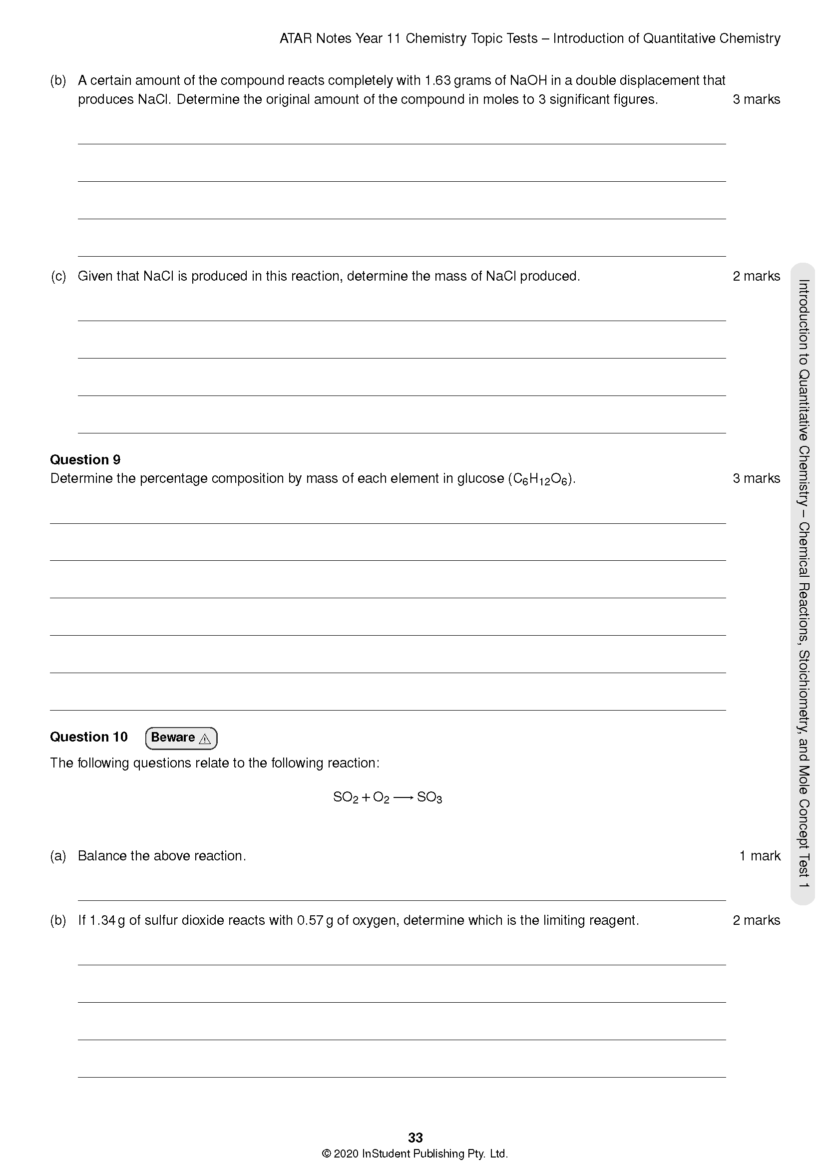 Chemistry Topic Test page by ATAR Notes, displaying quantitative chemistry questions, blank answer lines, and page number 33.
