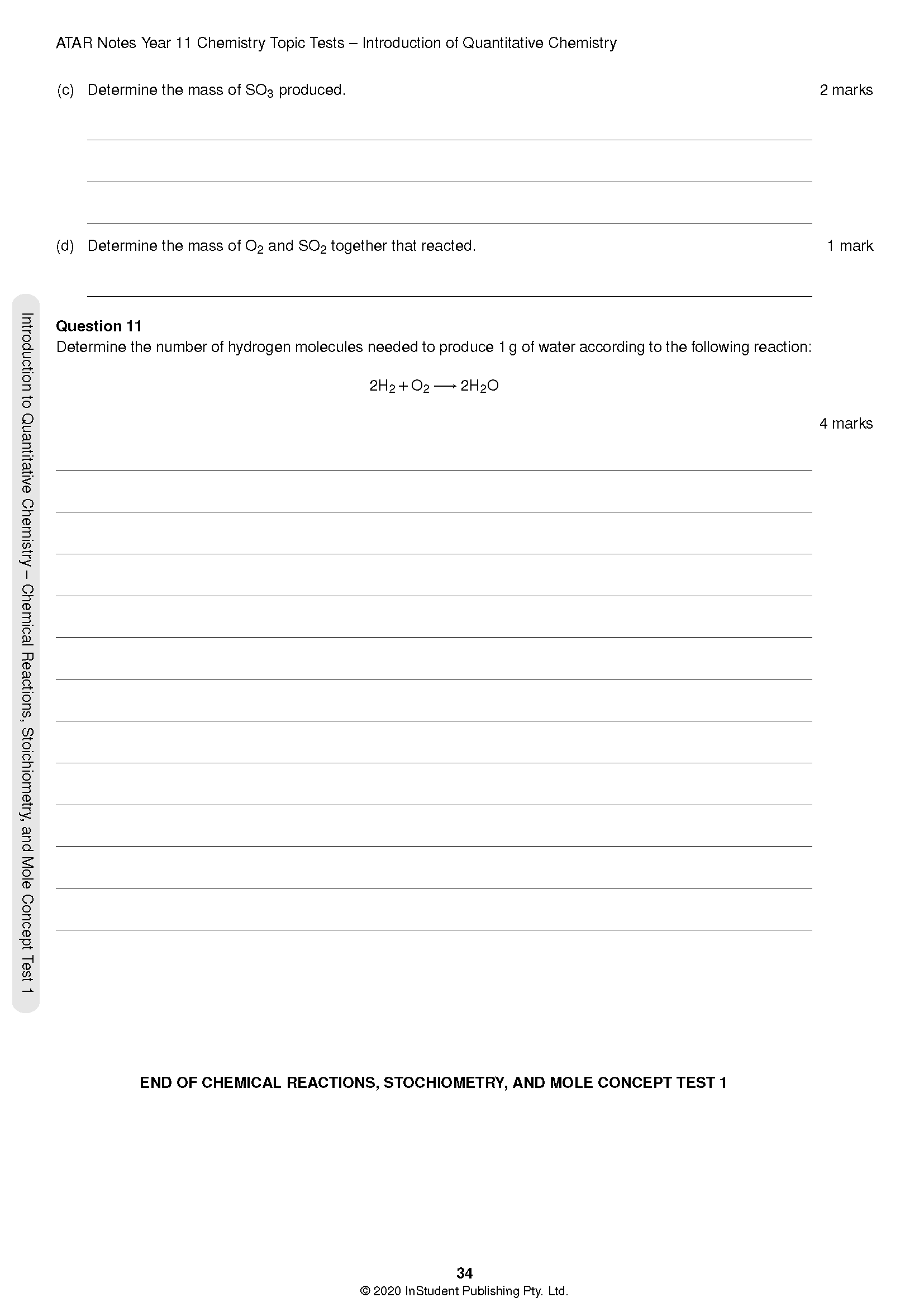 HSC Year 11 Chemistry Topic Tests by ATAR Notes, displaying a page with quantitative chemistry questions.