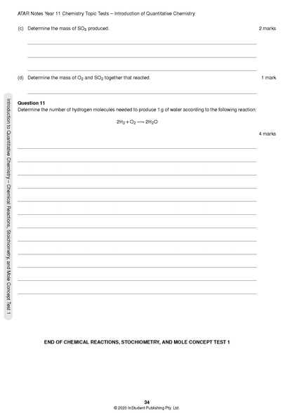HSC Year 11 Chemistry Topic Tests by ATAR Notes, displaying a page with quantitative chemistry questions.