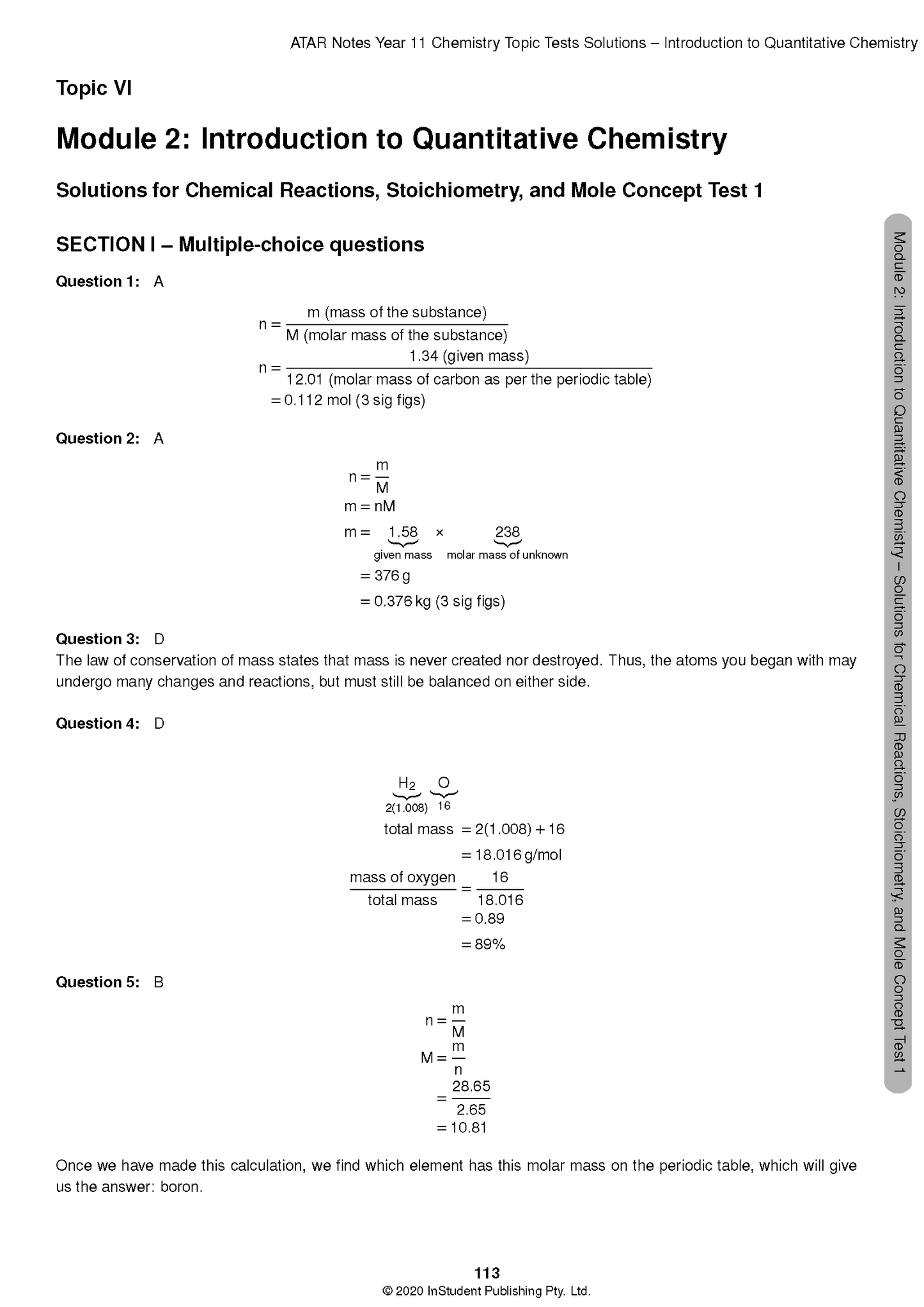 Chemistry Topic Tests page by ATAR Notes, showing solutions, formulas, and text on a white background.