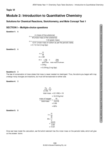 Chemistry Topic Tests page by ATAR Notes, showing solutions, formulas, and text on a white background.