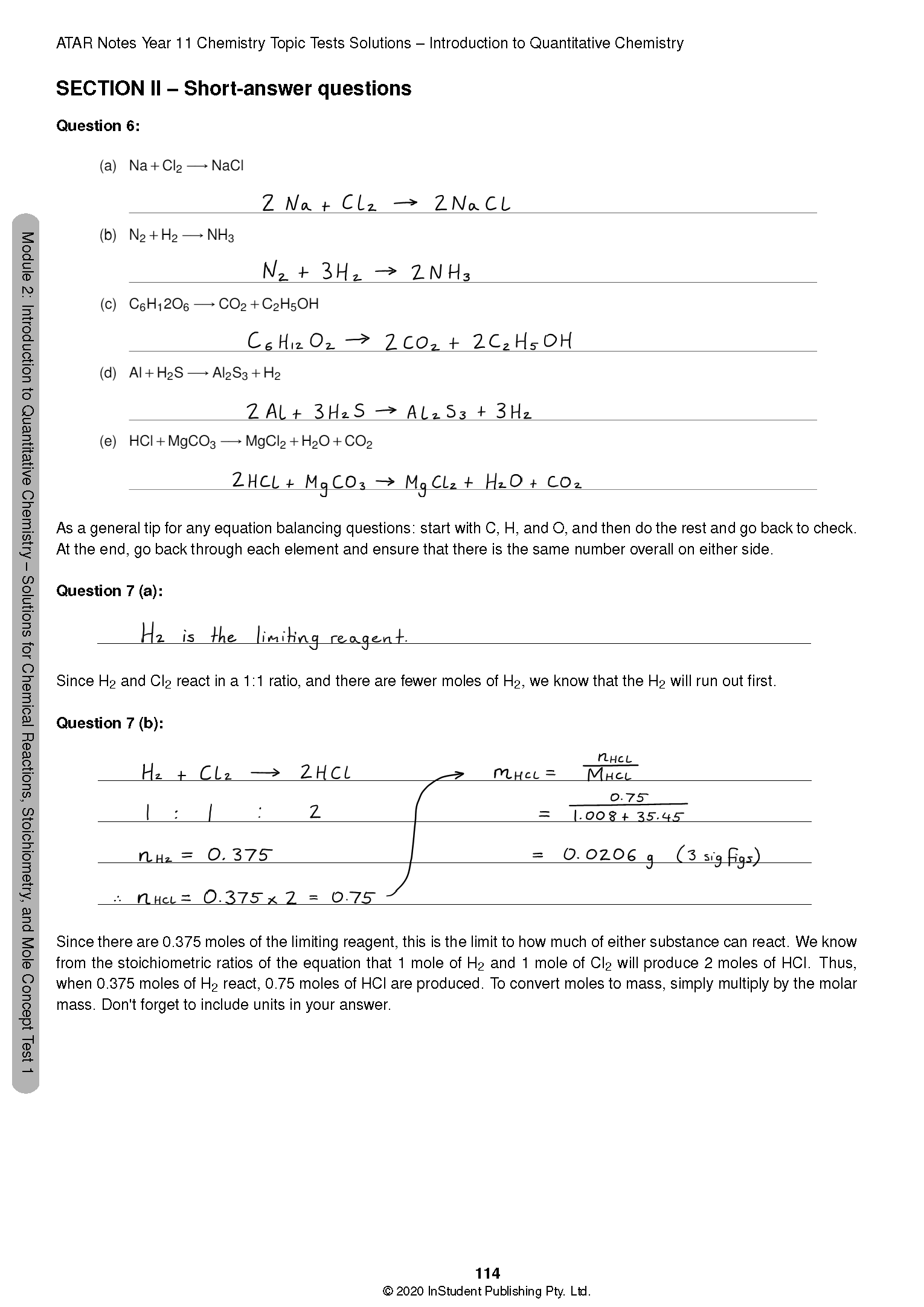Chemistry Topic Test Solutions page by ATAR Notes, showing balanced chemical equations and limiting reagent calculations.