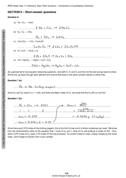 Chemistry Topic Test Solutions page by ATAR Notes, showing balanced chemical equations and limiting reagent calculations.