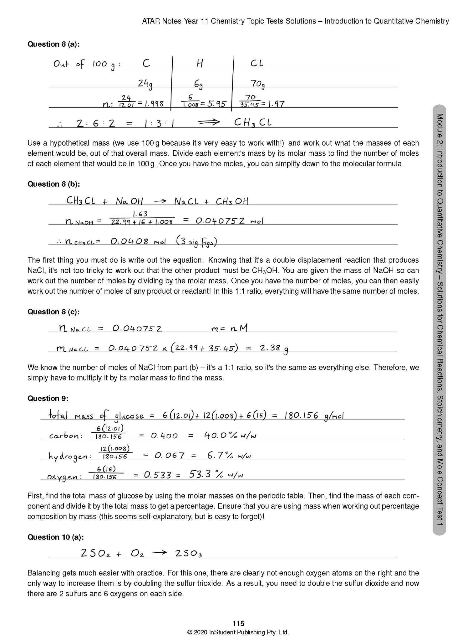 Chemistry Topic Tests solutions page from ATAR Notes displaying handwritten answers for multiple stoichiometry problems.
