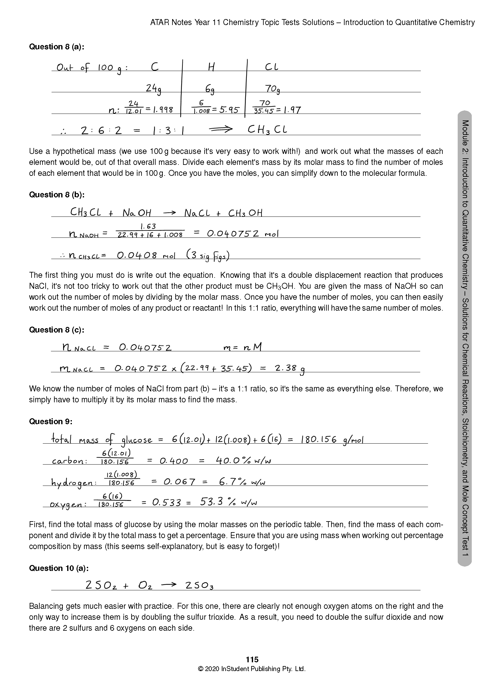 Chemistry Topic Tests solutions page from ATAR Notes displaying handwritten answers for multiple stoichiometry problems.