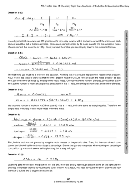 Chemistry Topic Tests solutions page from ATAR Notes displaying handwritten answers for multiple stoichiometry problems.