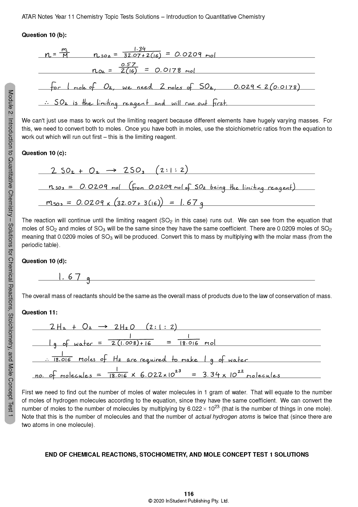 Chemistry Topic Test solutions page by ATAR Notes, displaying handwritten answers, equations, and chemical formulas.