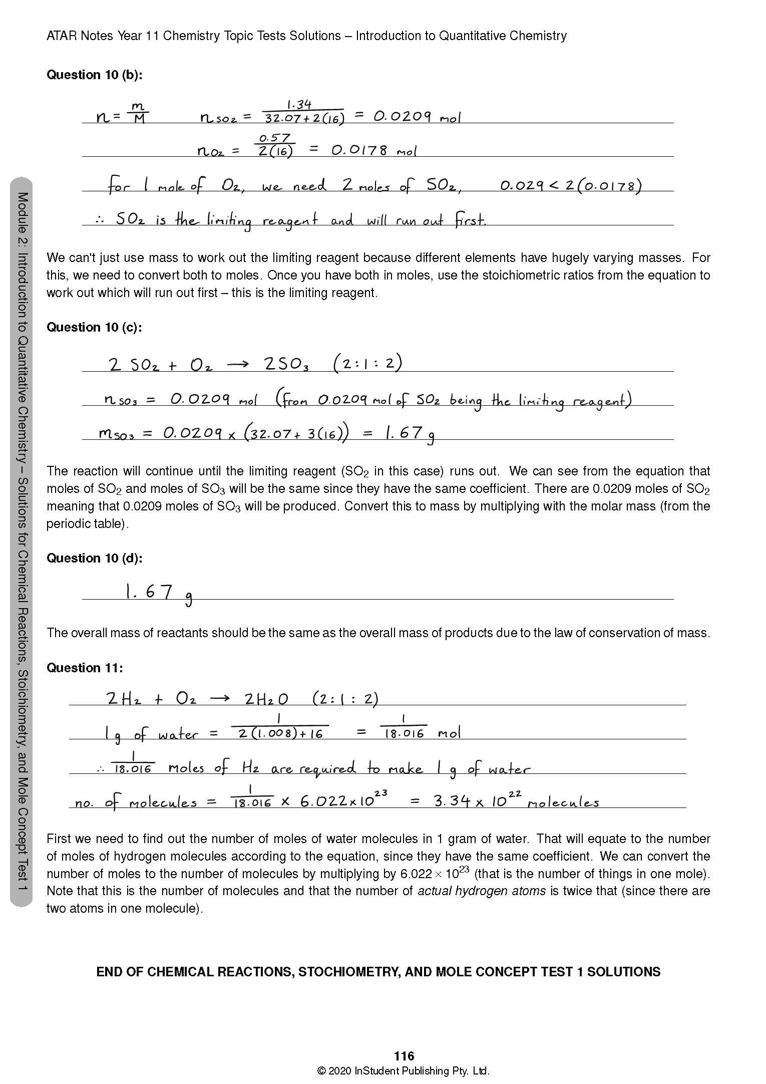 Chemistry Topic Test solutions page by ATAR Notes, displaying handwritten answers, equations, and chemical formulas.