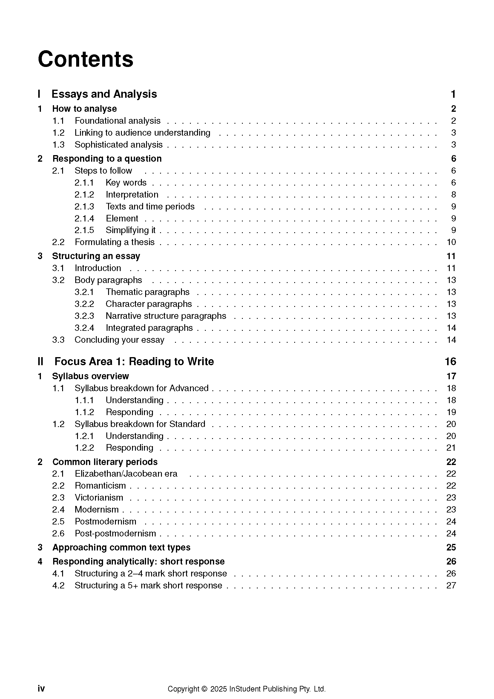 Course notes showing the Contents page by ATAR Notes, with numbered sections and page references.