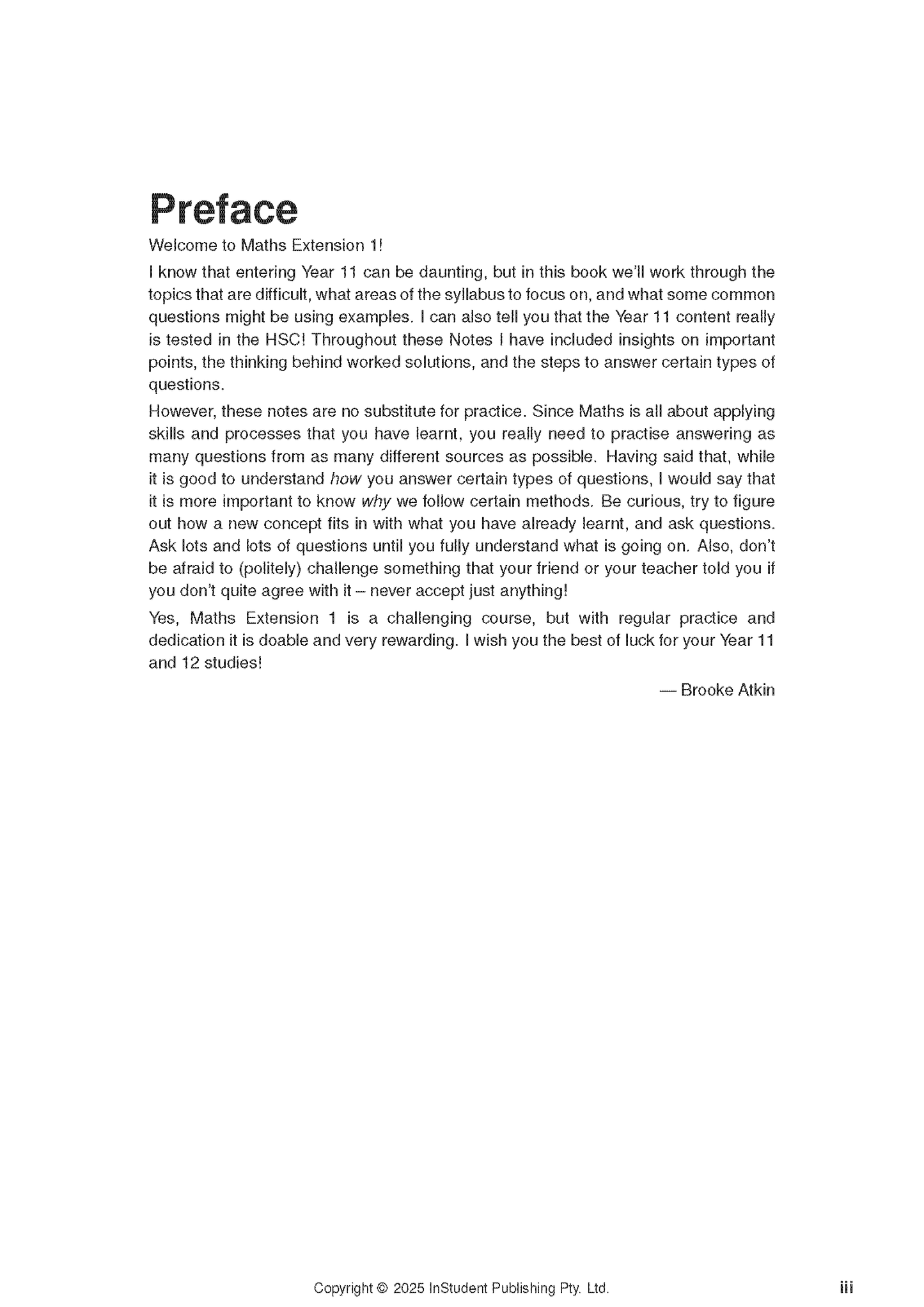 HSC Year 11 Mathematics Extension 1 Complete Course Notes by ATAR Notes, showing a white page with black text from the preface, signed by Brooke Atkin.