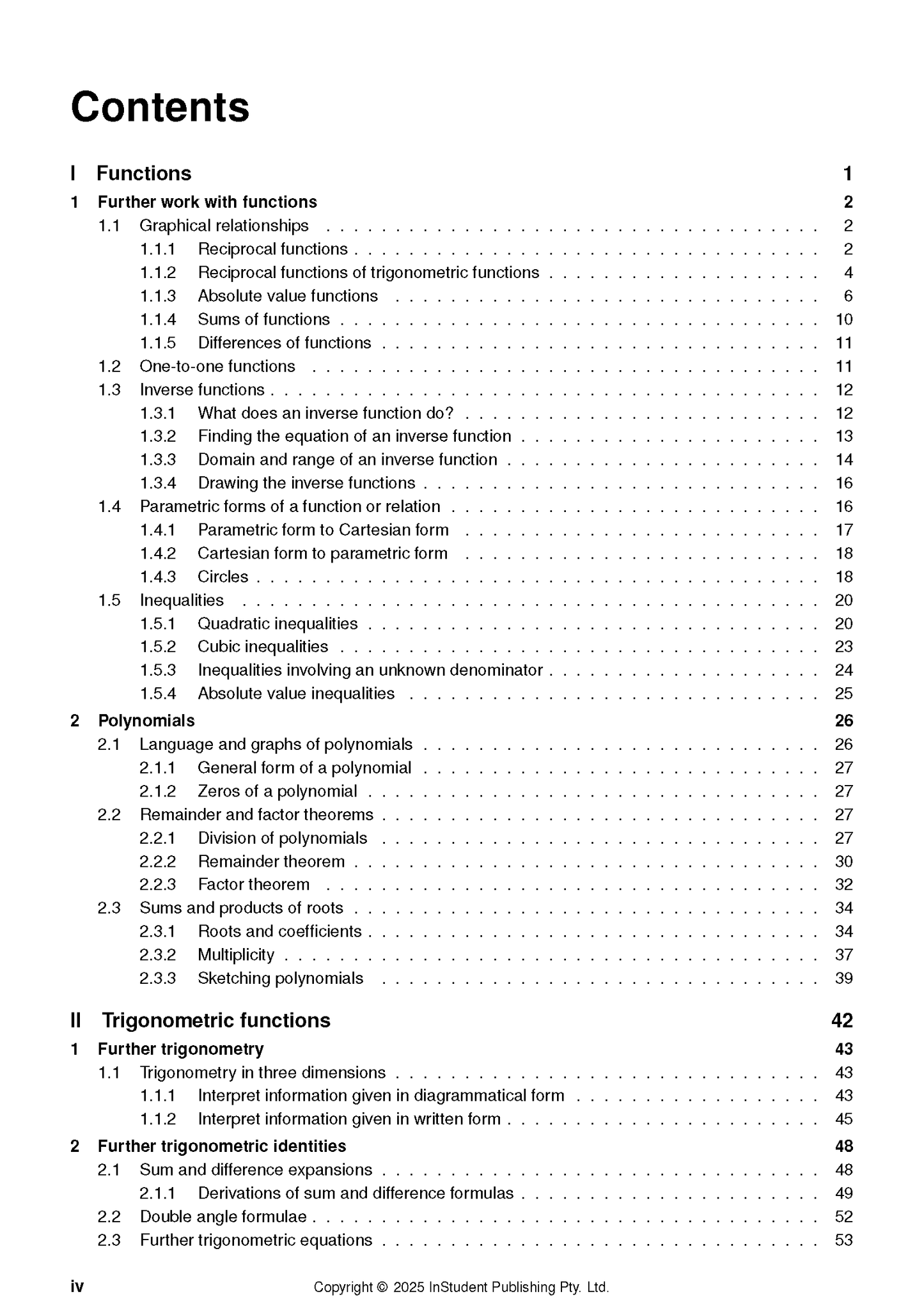 Course notes by ATAR Notes, displaying a table of contents with sections on Functions, Polynomials, and Trigonometric functions.