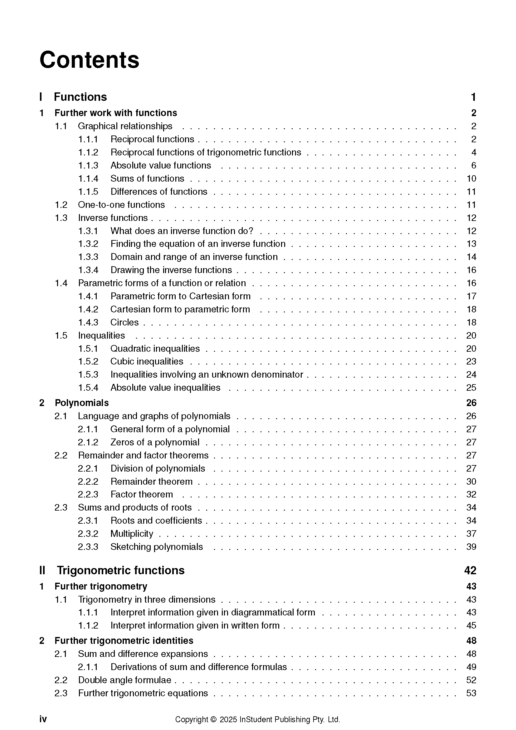 Course notes by ATAR Notes, displaying a table of contents with sections on Functions, Polynomials, and Trigonometric functions.