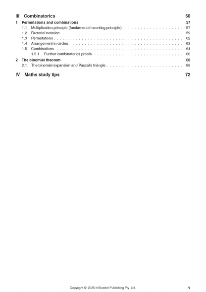 White course notes page by ATAR Notes, displaying a table of contents for Combinatorics, Binomial Theorem, and Maths study tips.