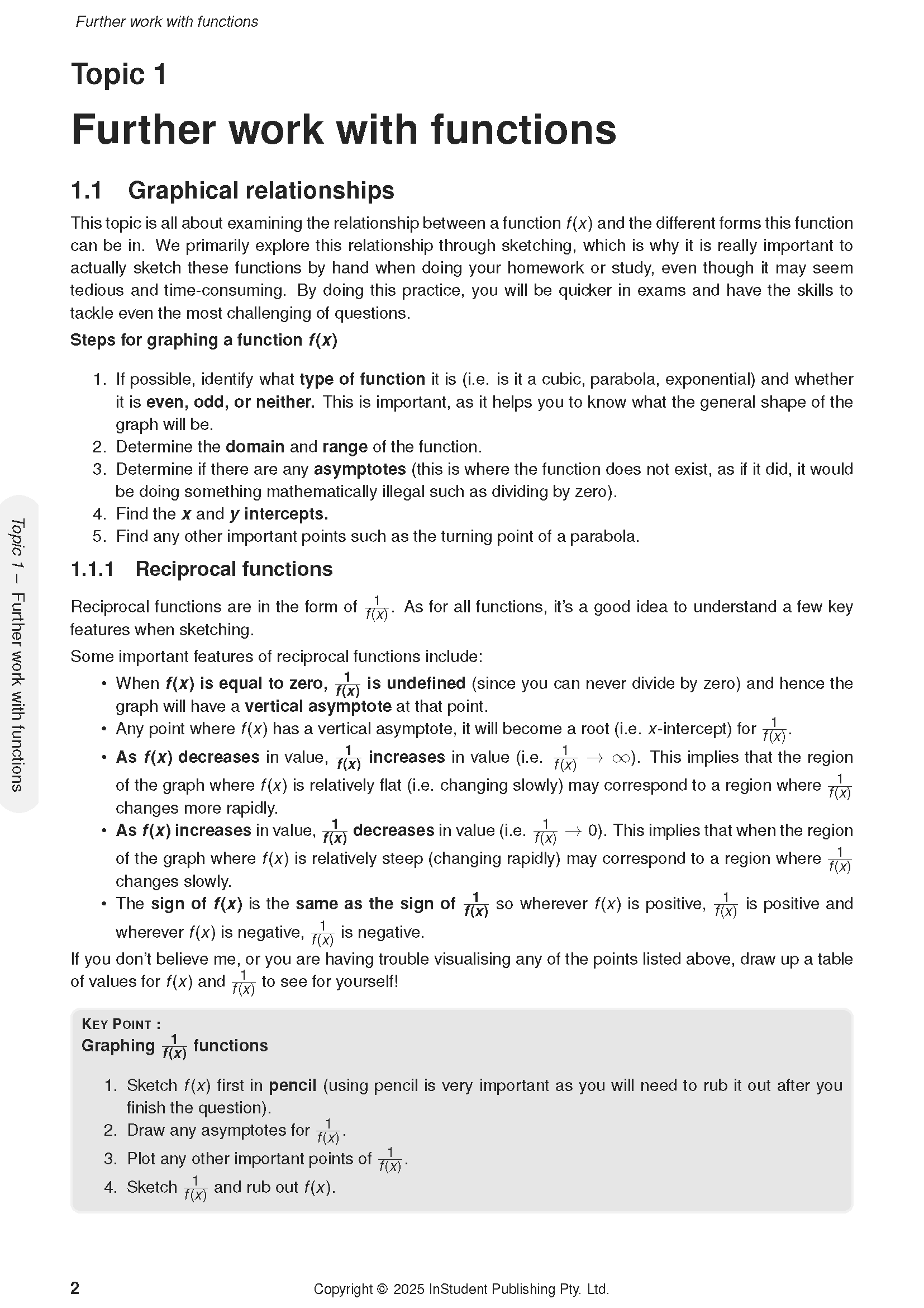 White page of HSC Year 11 Mathematics Extension 1 Course Notes by ATAR Notes, detailing graphical relationships and reciprocal functions.