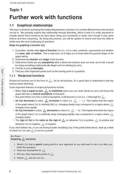 White page of HSC Year 11 Mathematics Extension 1 Course Notes by ATAR Notes, detailing graphical relationships and reciprocal functions.