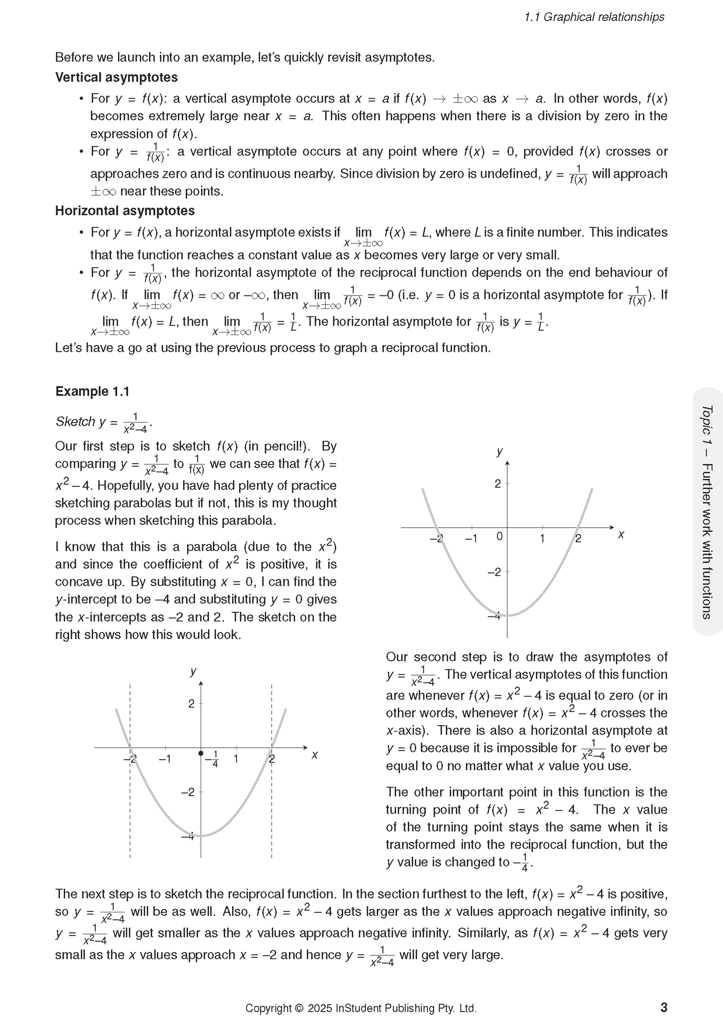 A white page of mathematics course notes by ATAR Notes, displaying explanations of asymptotes with sample graphs.