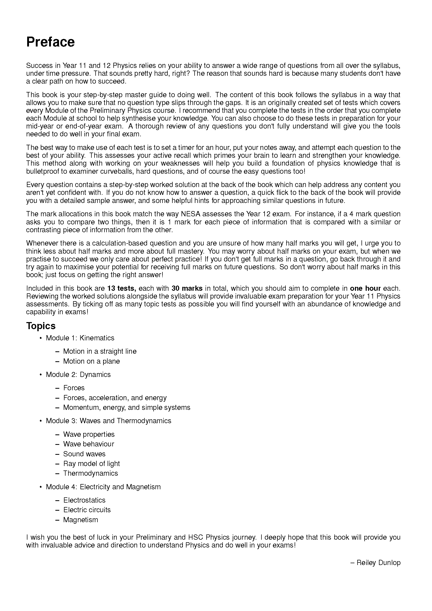 Physics Topic Test preface page by ATAR Notes, detailing test structure, 13 tests, 30 marks, and module topics.