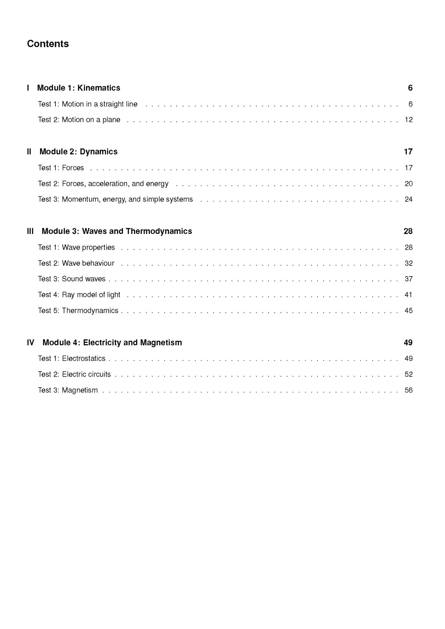 Physics Topic Tests by ATAR Notes, displaying a table of contents with modules and page numbers.