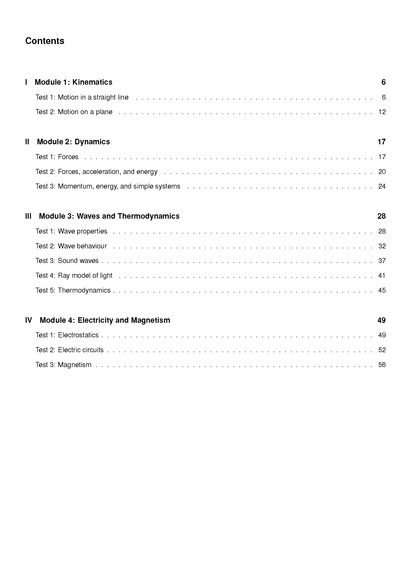 Physics Topic Tests by ATAR Notes, displaying a table of contents with modules and page numbers.