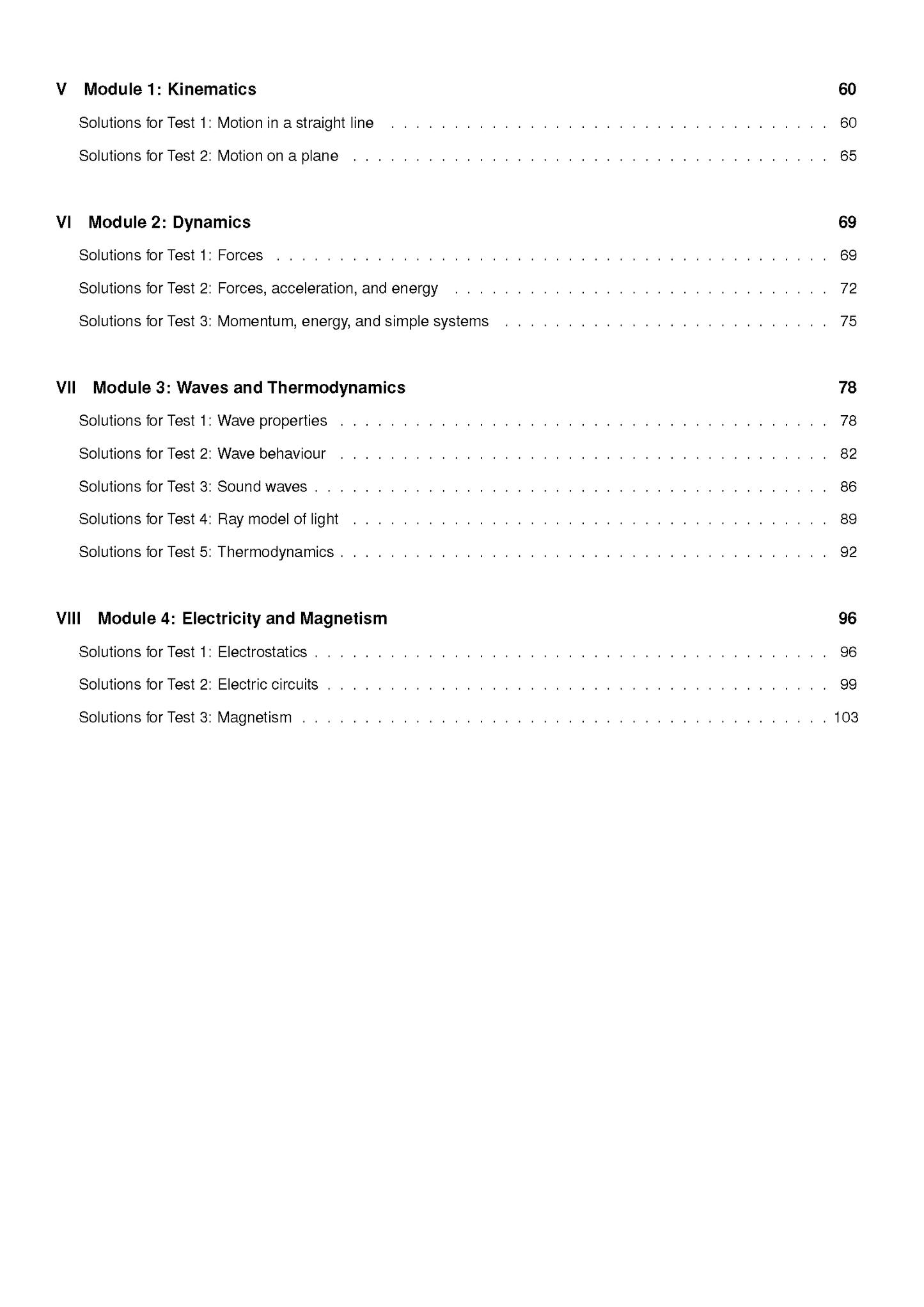 HSC Year 11 Physics Topic Tests by ATAR Notes, showing a table of contents page with modules and page numbers.