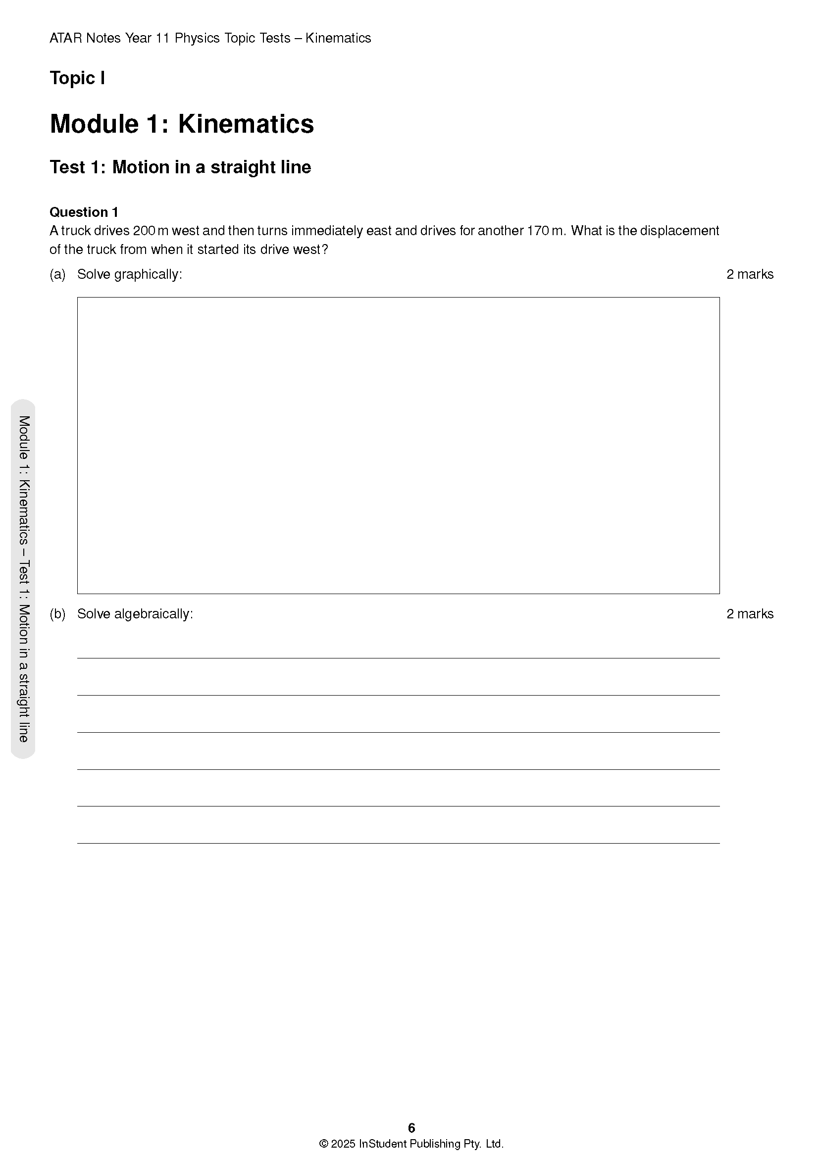 A white physics topic test page by ATAR Notes HSC, displaying a kinematics question with space for graphical and algebraic solutions, page number 6.