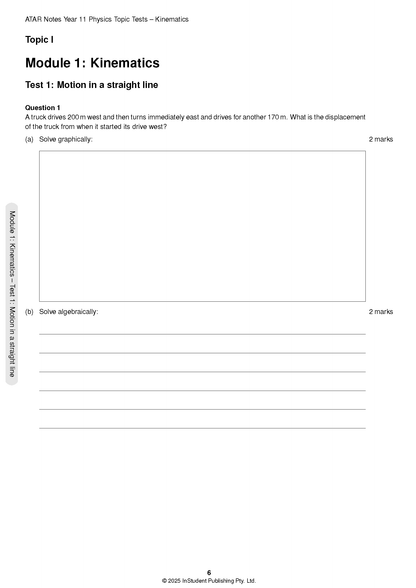 A white physics topic test page by ATAR Notes HSC, displaying a kinematics question with space for graphical and algebraic solutions, page number 6.