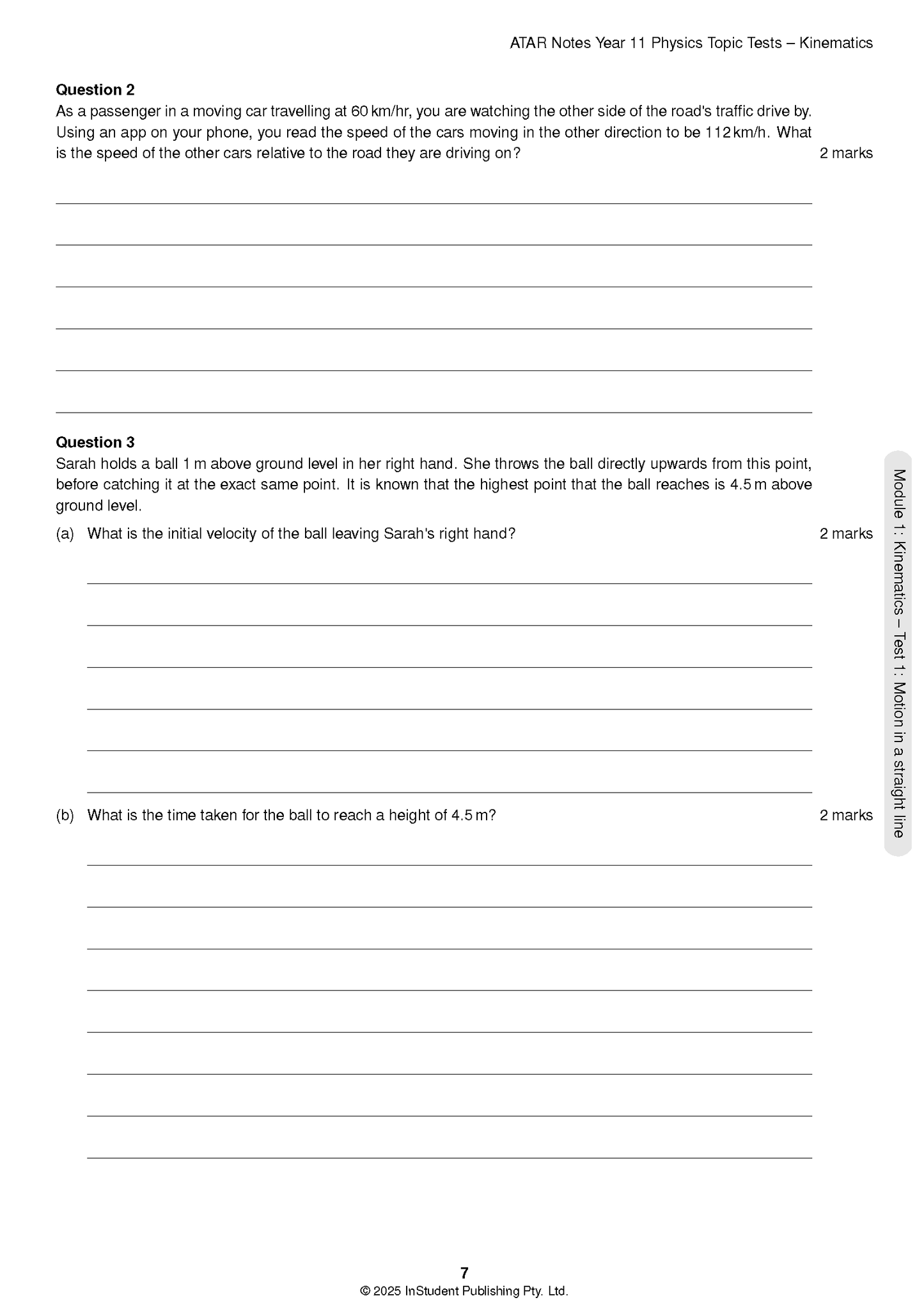 Year 11 Physics Topic Tests by ATAR Notes, displaying a printed page with kinematics questions and blank lines.