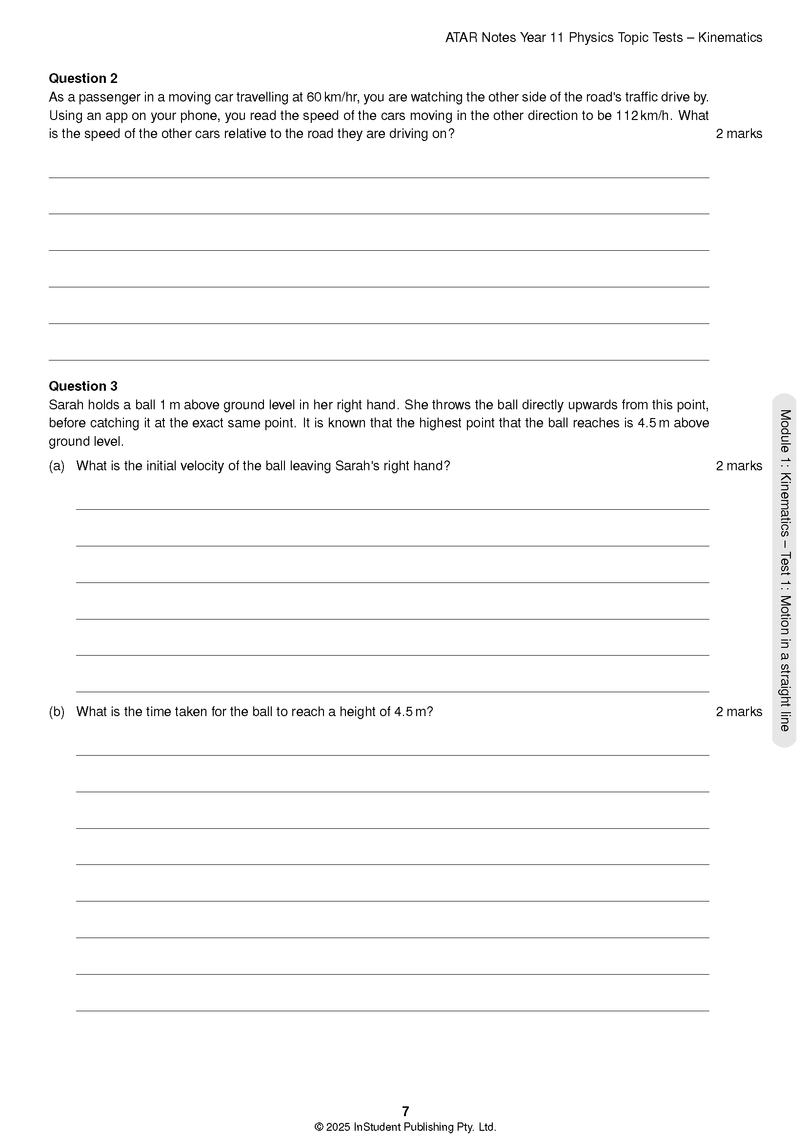 Year 11 Physics Topic Tests by ATAR Notes, displaying a printed page with kinematics questions and blank lines.
