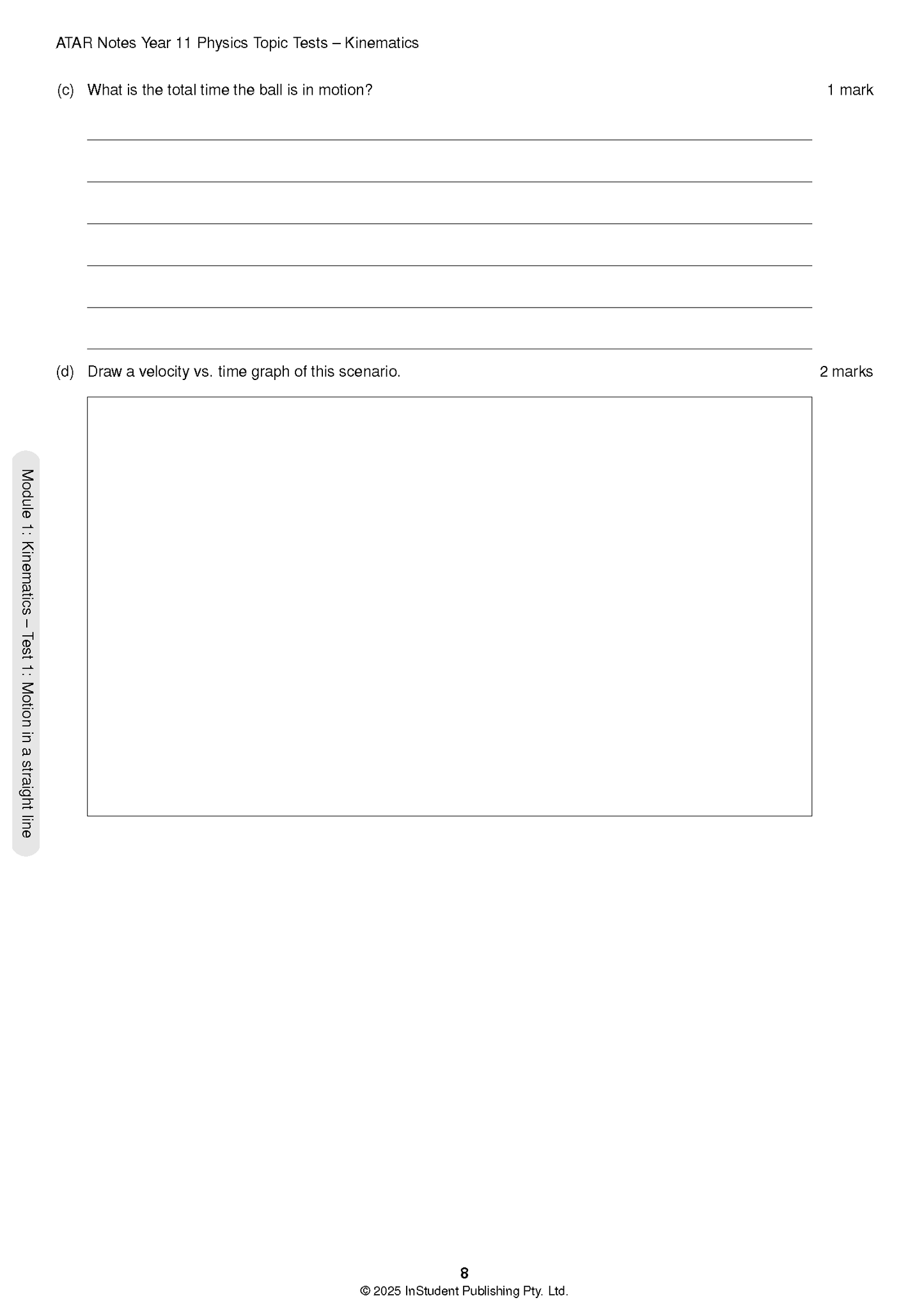 Year 11 Physics Topic Tests by ATAR Notes, showing a white page with a kinematics question and a blank velocity-time graph.