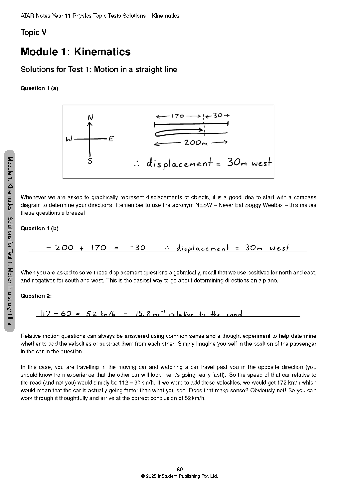 Physics Topic Test solutions page by ATAR Notes, showing handwritten diagrams and calculations for kinematics questions.