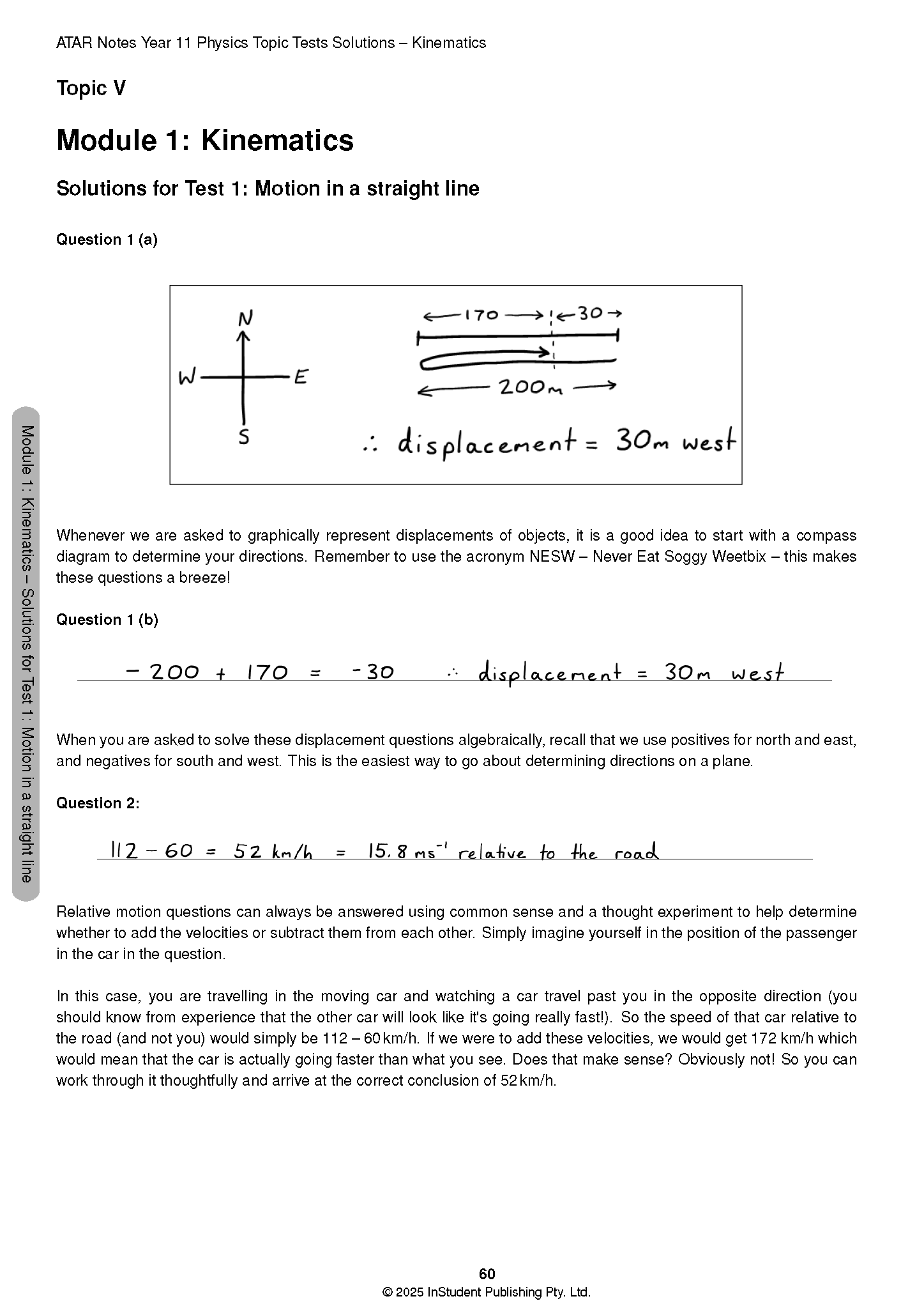 Physics Topic Test solutions page by ATAR Notes, showing handwritten diagrams and calculations for kinematics questions.