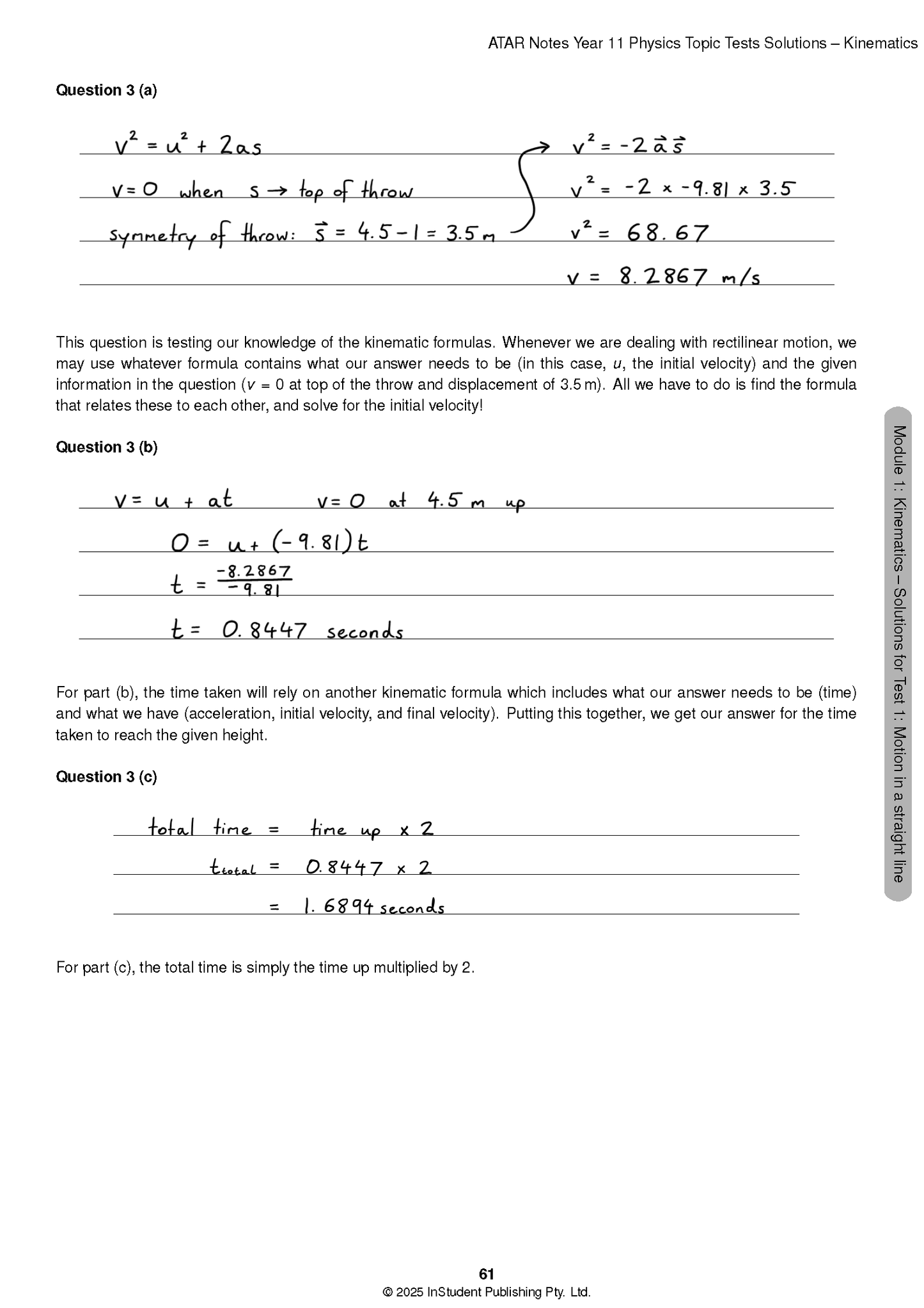 White physics topic test solutions page by ATAR Notes, showing handwritten kinematics problems and explanations.