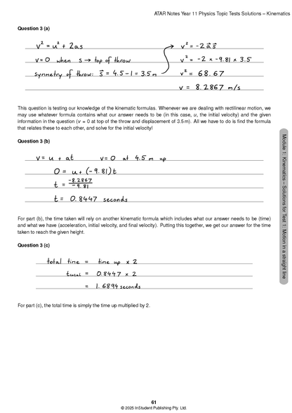 White physics topic test solutions page by ATAR Notes, showing handwritten kinematics problems and explanations.
