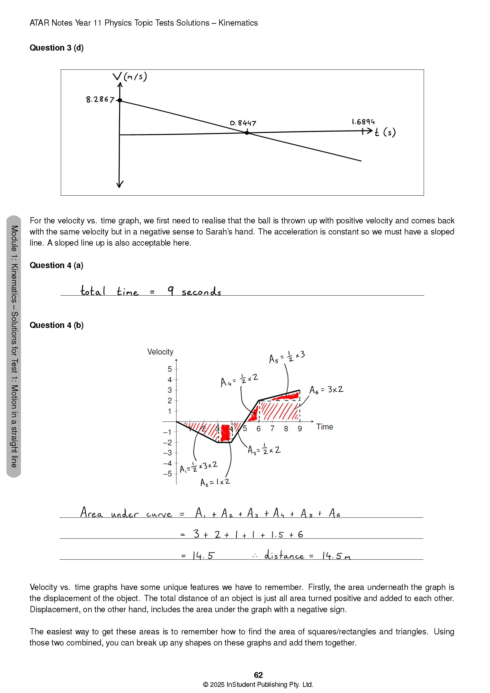 HSC Year 11 Physics Topic Tests by ATAR Notes, showing a solution page with kinematics graphs and handwritten calculations.