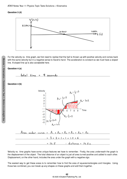 HSC Year 11 Physics Topic Tests by ATAR Notes, showing a solution page with kinematics graphs and handwritten calculations.