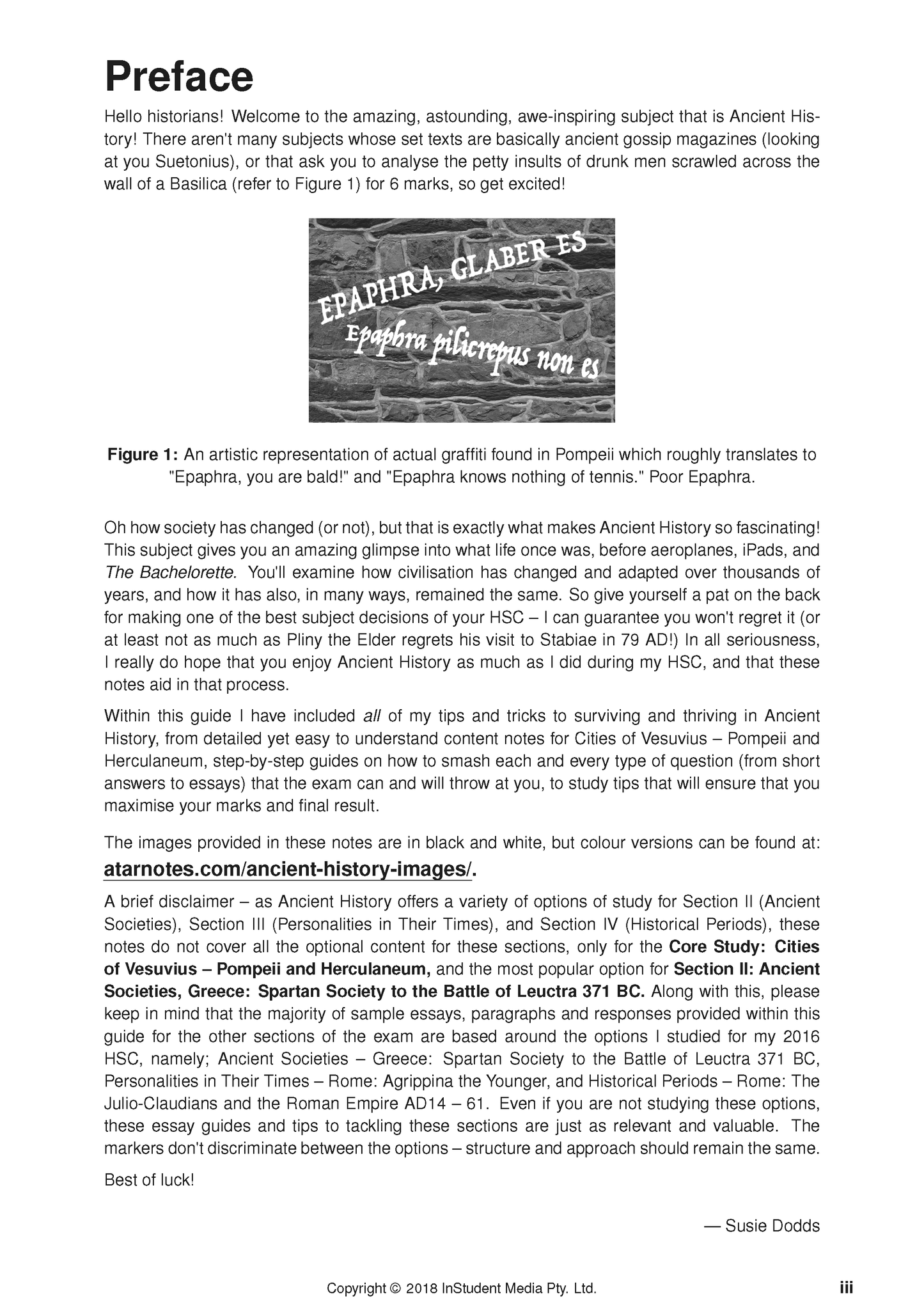 HSC Year 12 Ancient History Complete Course Notes by ATAR Notes, showing a 'Preface' page with black text and an ancient graffiti image.