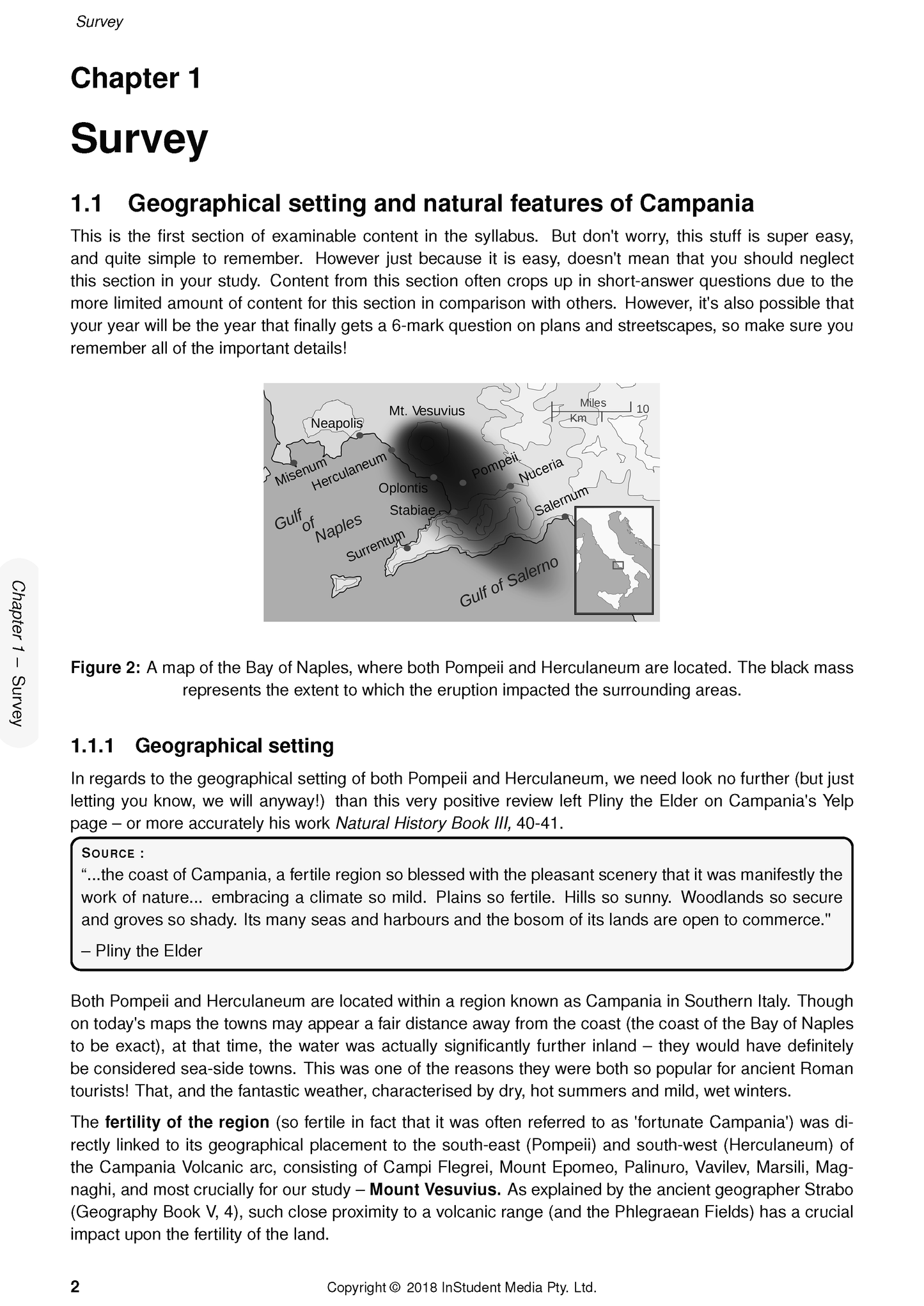 Ancient History course notes by ATAR Notes, showing a page with "Chapter 1 Survey," a map of the Bay of Naples, and a Pliny the Elder quote.