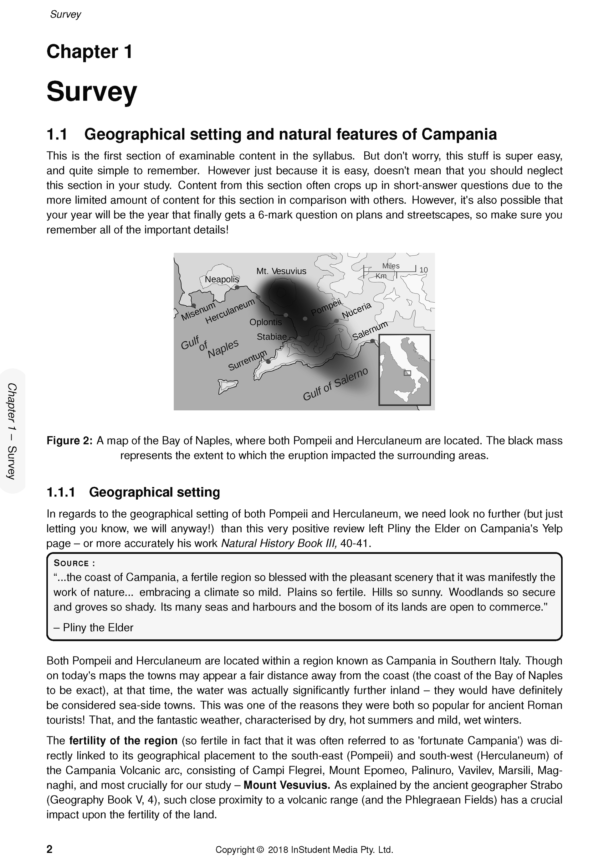 Ancient History course notes by ATAR Notes, showing a page with "Chapter 1 Survey," a map of the Bay of Naples, and a Pliny the Elder quote.