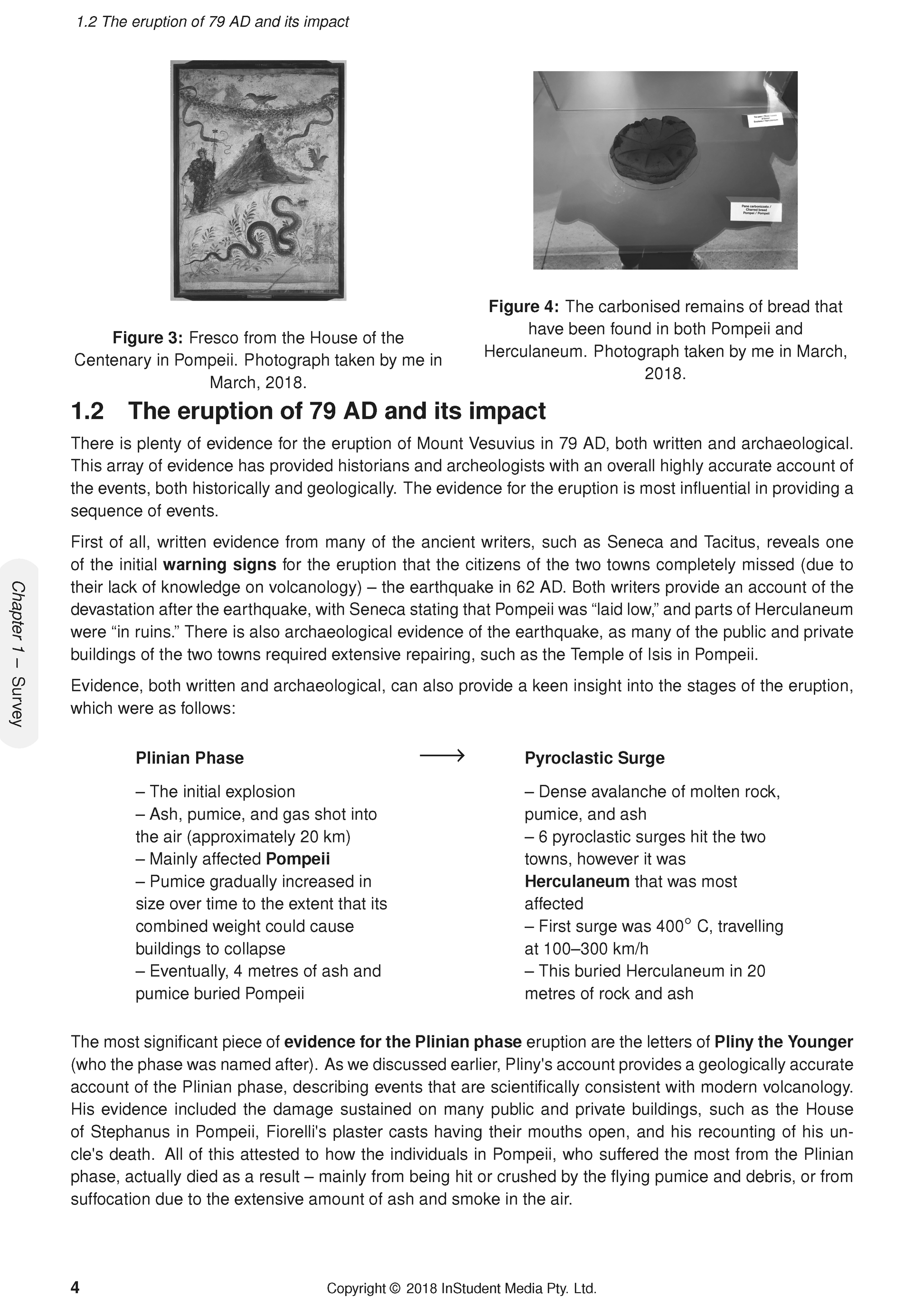 White page of course notes by ATAR Notes, showing black and white illustrations of a fresco and carbonized bread, with text.