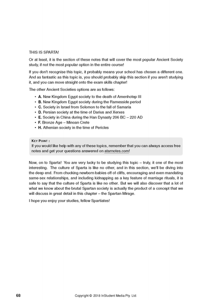 Course notes page by ATAR Notes, white with black text introducing ancient societies and Sparta, including a grey KEY POINT box.