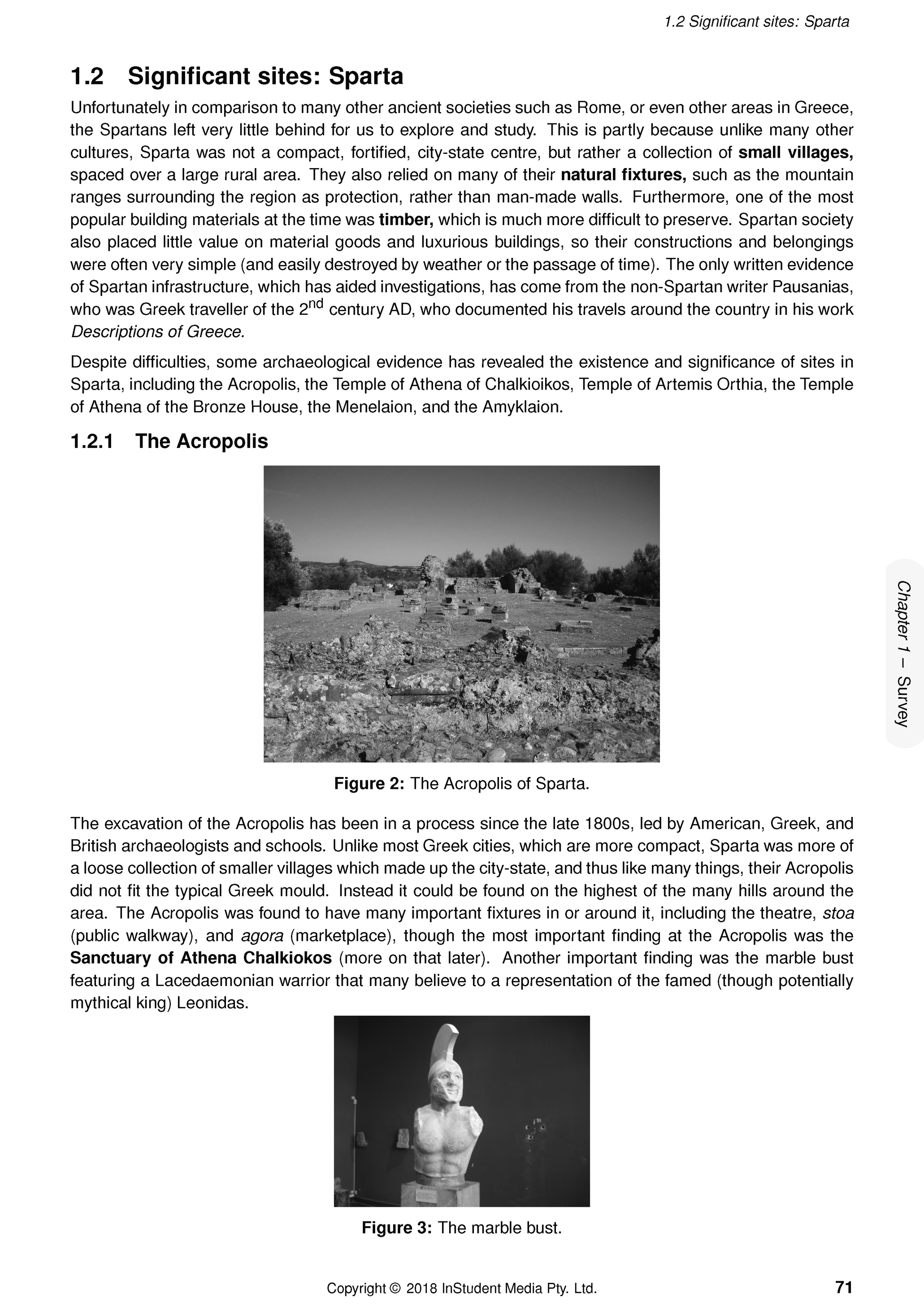 Course notes by ATAR Notes showing text about Sparta's Acropolis and two black and white photographs of ruins and a marble bust.