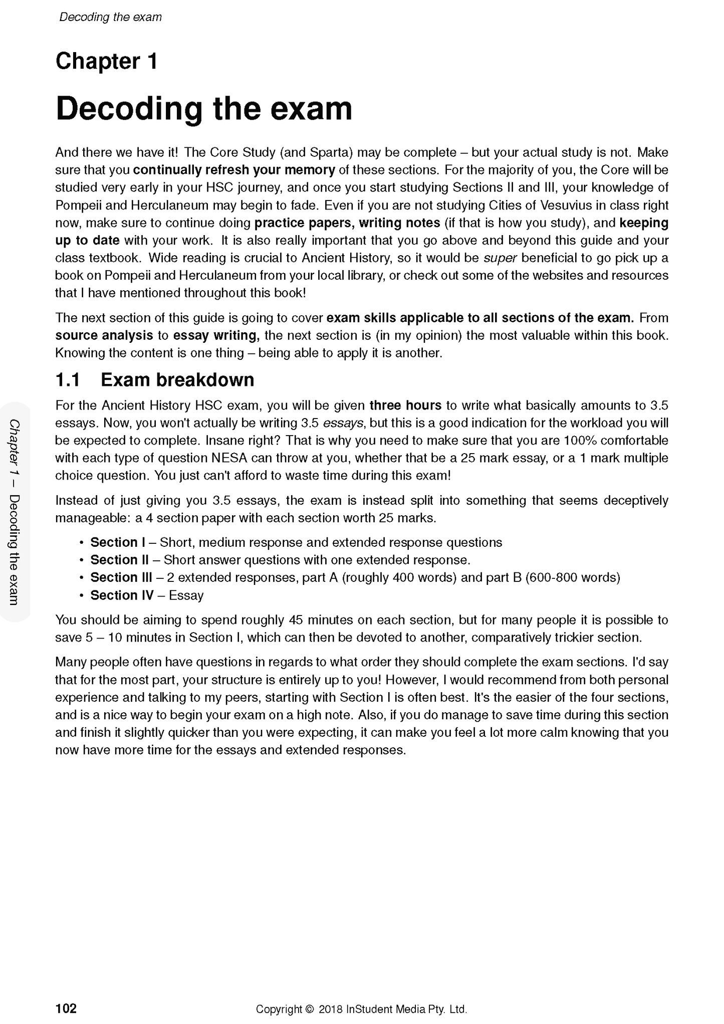 White page of course notes by ATAR Notes, displaying a chapter title "Decoding the exam" with text, bullet points, and page 102.