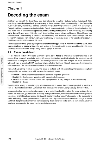 White page of course notes by ATAR Notes, displaying a chapter title "Decoding the exam" with text, bullet points, and page 102.