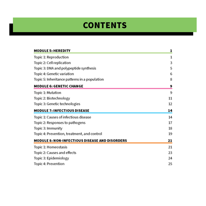 HSC Year 12 Biology Summary Sheets by ATAR Notes, displaying a table of contents with modules, topics, and page numbers, accented by colored lines.