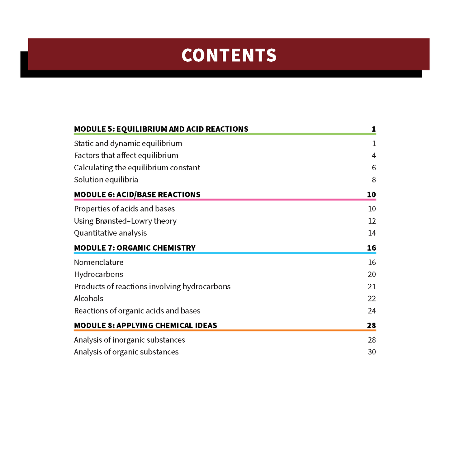 HSC Year 12 Chemistry Summary Sheets by ATAR Notes, displaying a contents page with module topics.