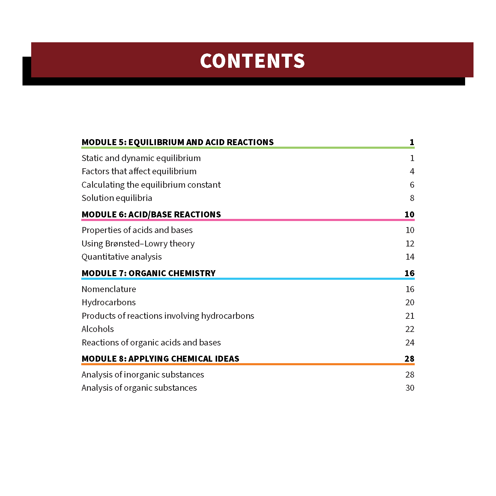 HSC Year 12 Chemistry Summary Sheets by ATAR Notes, displaying a contents page with module topics.