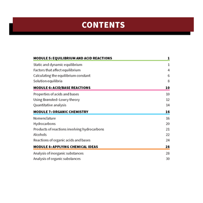 HSC Year 12 Chemistry Summary Sheets by ATAR Notes, displaying a contents page with module topics.