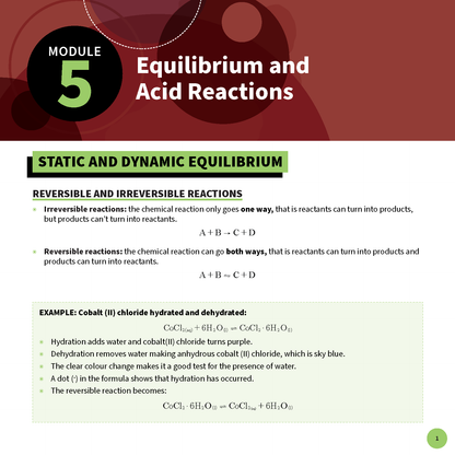 Chemistry Summary Sheets by ATAR Notes, showing Module 5 on Equilibrium and Acid Reactions with definitions and chemical equations.