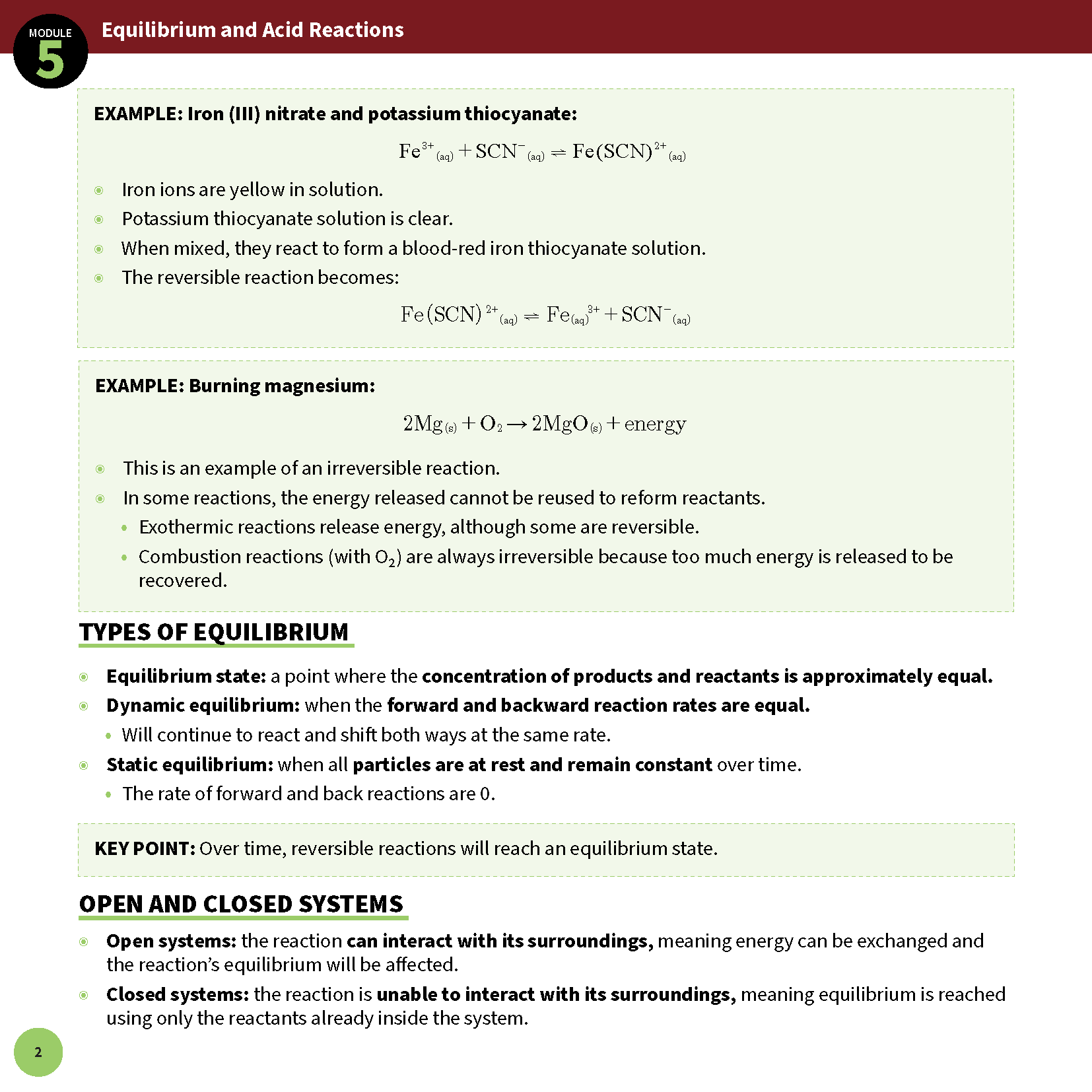 Chemistry Summary Sheet by ATAR Notes, a white page with green headings detailing Module 5 on Equilibrium and Acid Reactions.